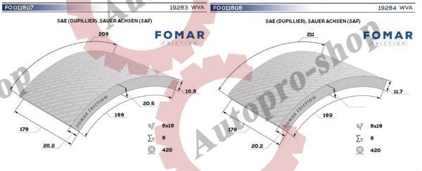 FO208400 Накладки тормозные компл. на ось (4отв)(19283/19284) 420х178 STD SAF  FOMAR 