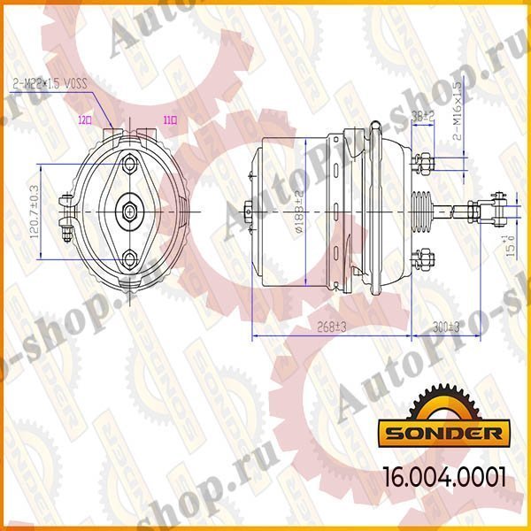 16.004.0001 Энергоаккумулятор (барабанный тормоз) шток 26см 30/30  MB/MAN/DAF/RVI/SCANIA   SONDER