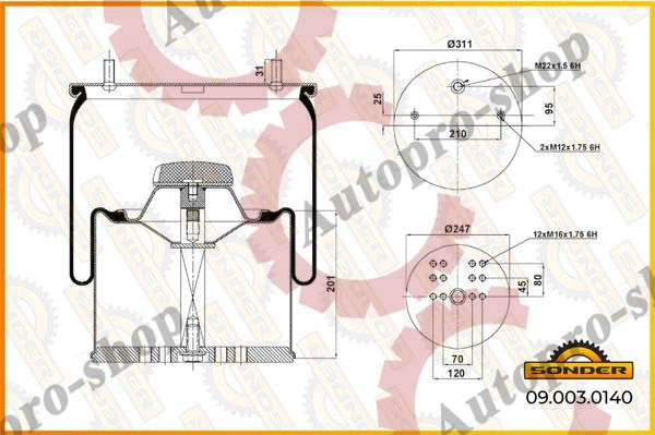 090030140 Пневморессора со стаканом (металл) 2шп.-M12 + 1 отвер.M22 под возд. SONDER